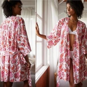 Anthropologie Pink & Coral Floral Kimono Robe